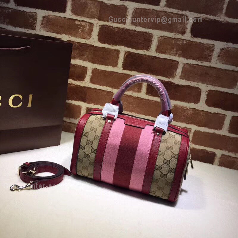 Gucci Beigebrown GG Canvas Vintage Web Boston Bag Pink And Red 247205
